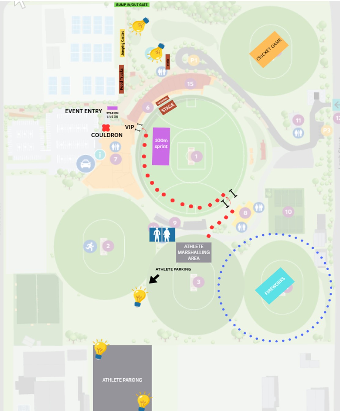 Map of a sports event venue showing entry, stages, sprint track, cricket field, and marked routes to facilities and parking areas.